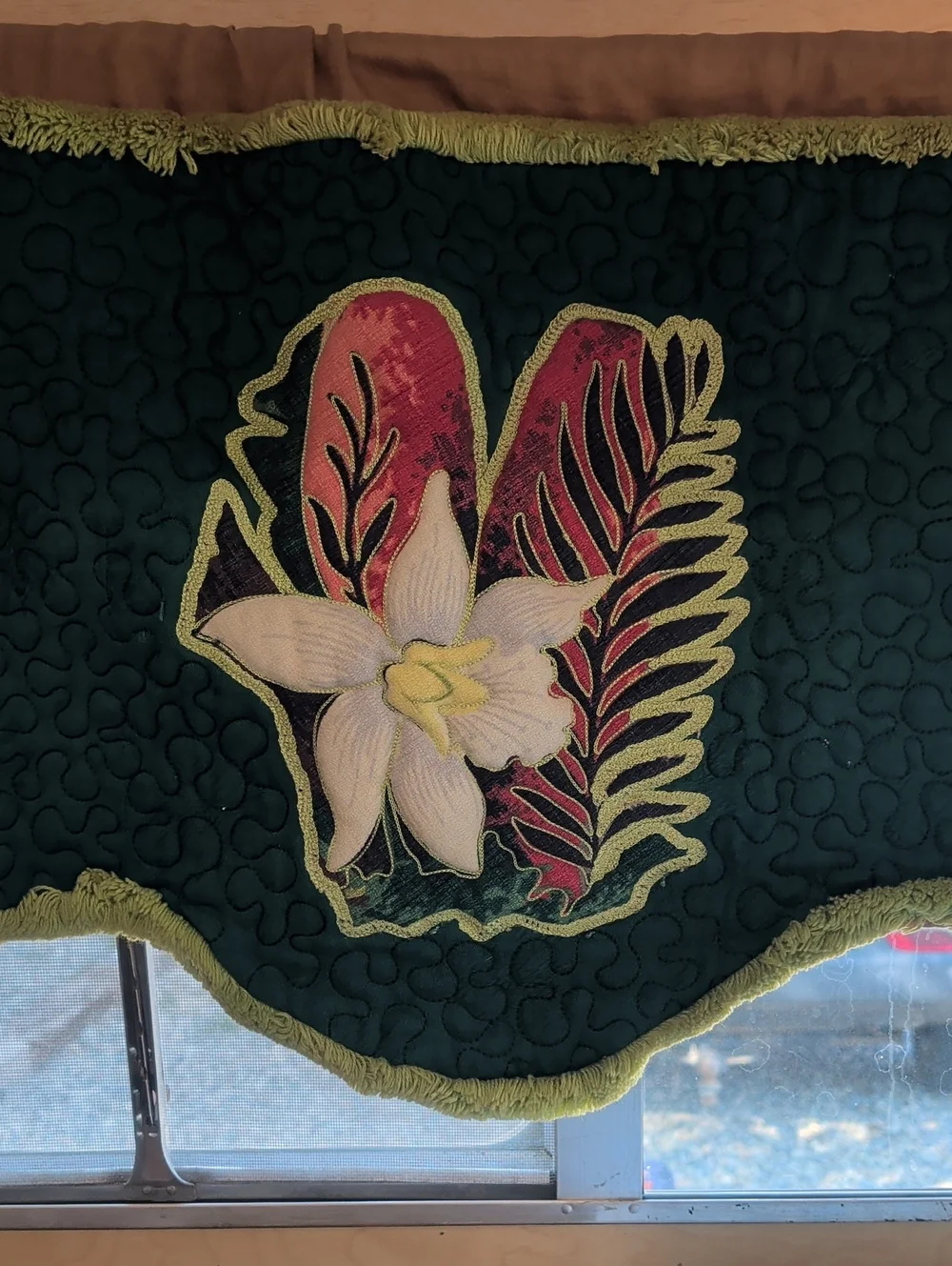 Vintage Green Floral Embroidered Valance with Fringe